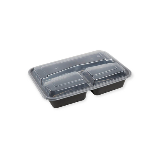 3 Compartment 32oz. Black Rectangular Micro Carryout Containers with Lids 150 Sets