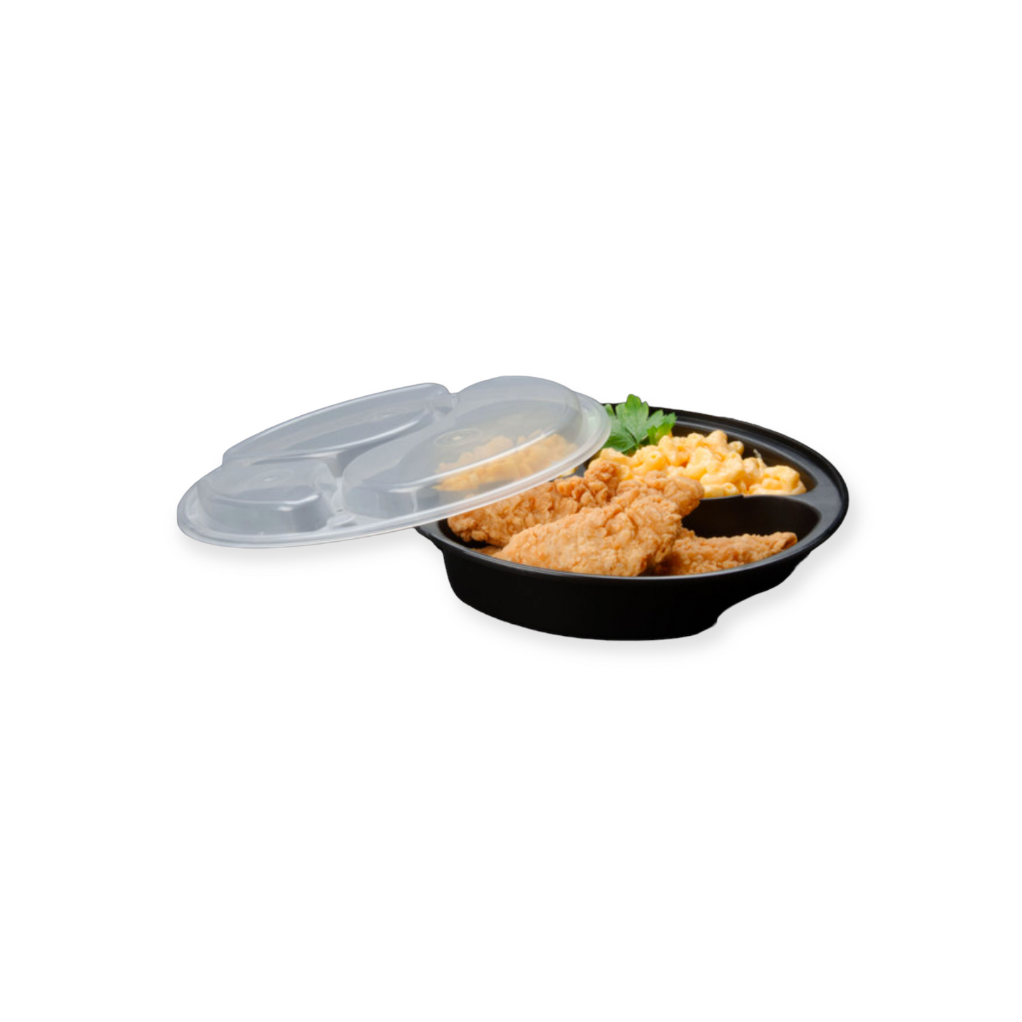 3 Compartment 33oz. Black Round Microwavable Container with Clear Lid 150 Sets