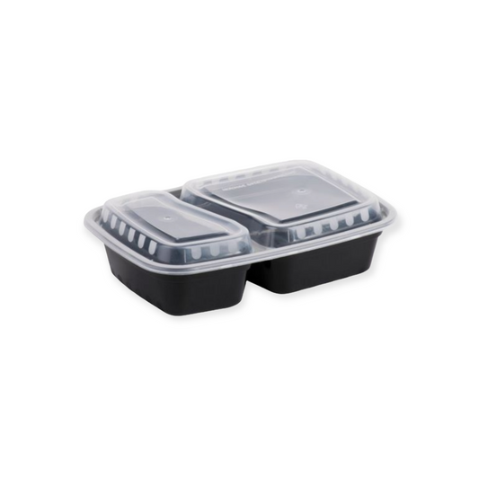 2 Compartment 32oz. Black Rectangular Micro Carryout Containers with Lids 150 Sets