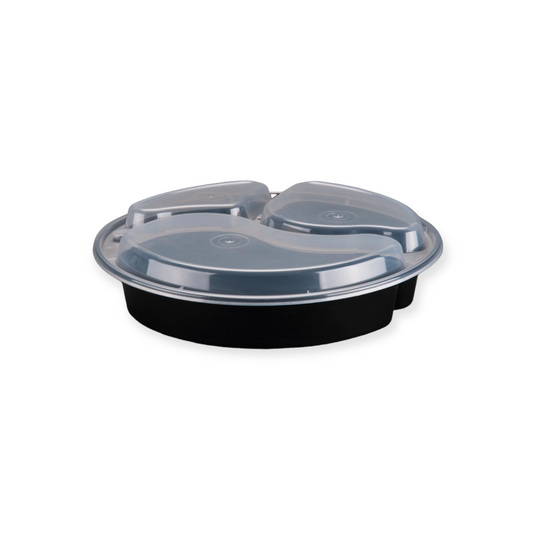 3 Compartment 33oz. Black Round Microwavable Container with Clear Lid 150 Sets