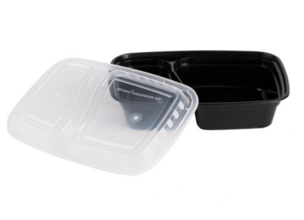 2 Compartment 32oz. Black Rectangular Micro Carryout Containers with Lids 150 Sets